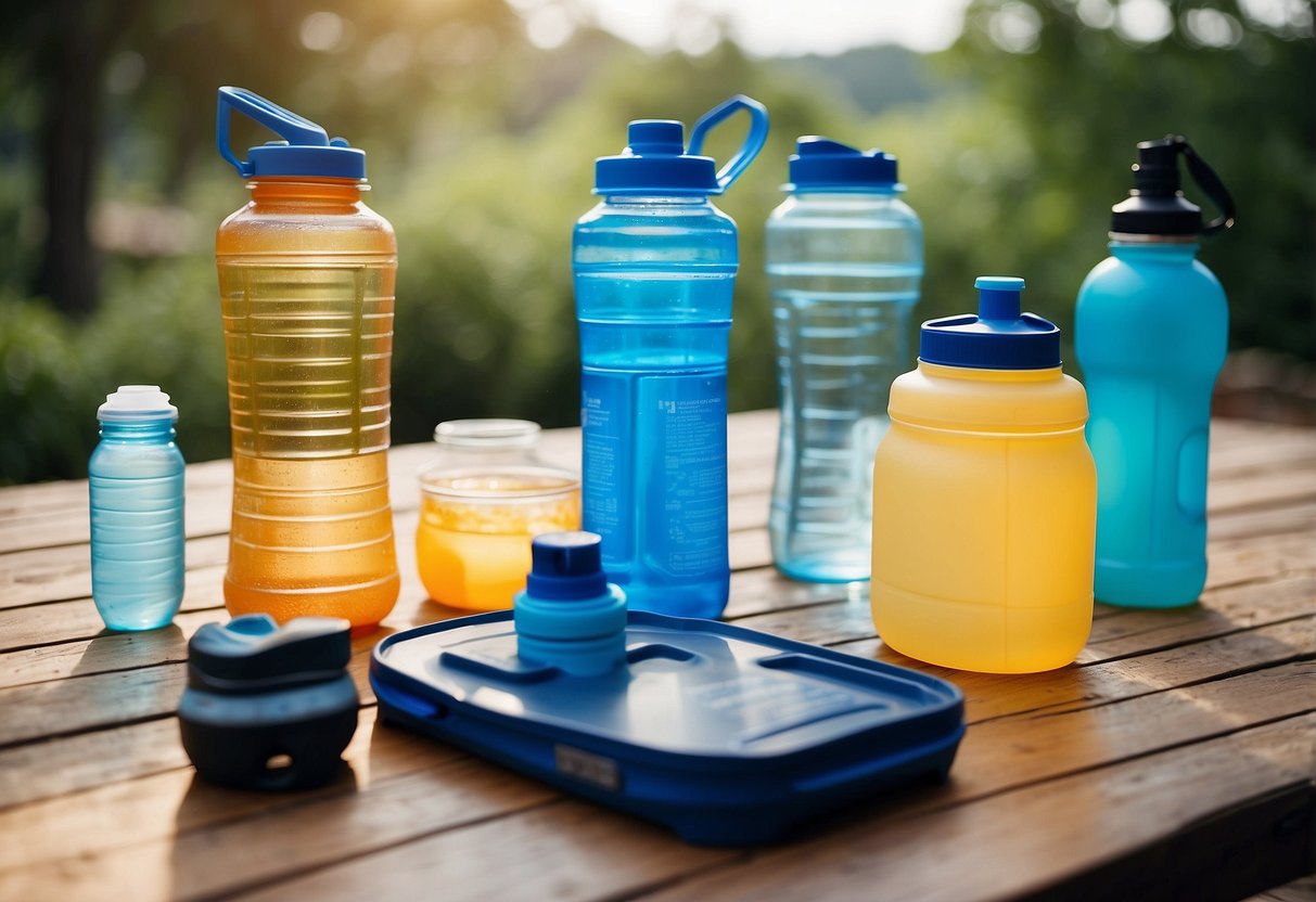 A table with five different hydration systems laid out, including water bottles, hydration packs, and collapsible water containers