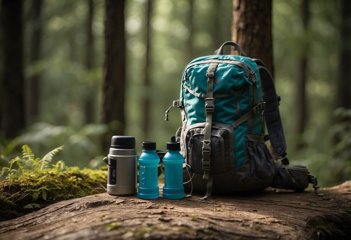 A backpack with a Hydrapak Shape-Shift 5 hydration system sits against a tree, surrounded by a compass, map, and hiking boots