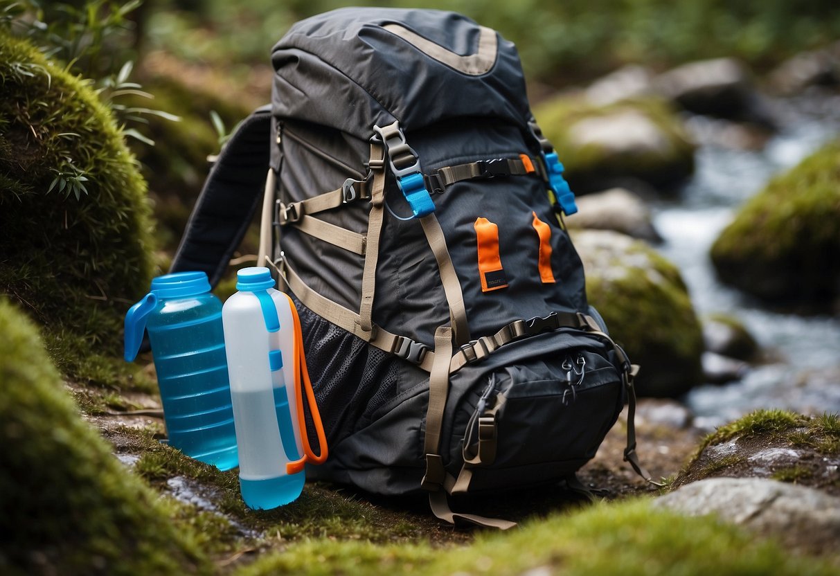 A backpack with a built-in hydration system, surrounded by orienteering gear and a map. The hose from the hydration system is easily accessible and ready for use