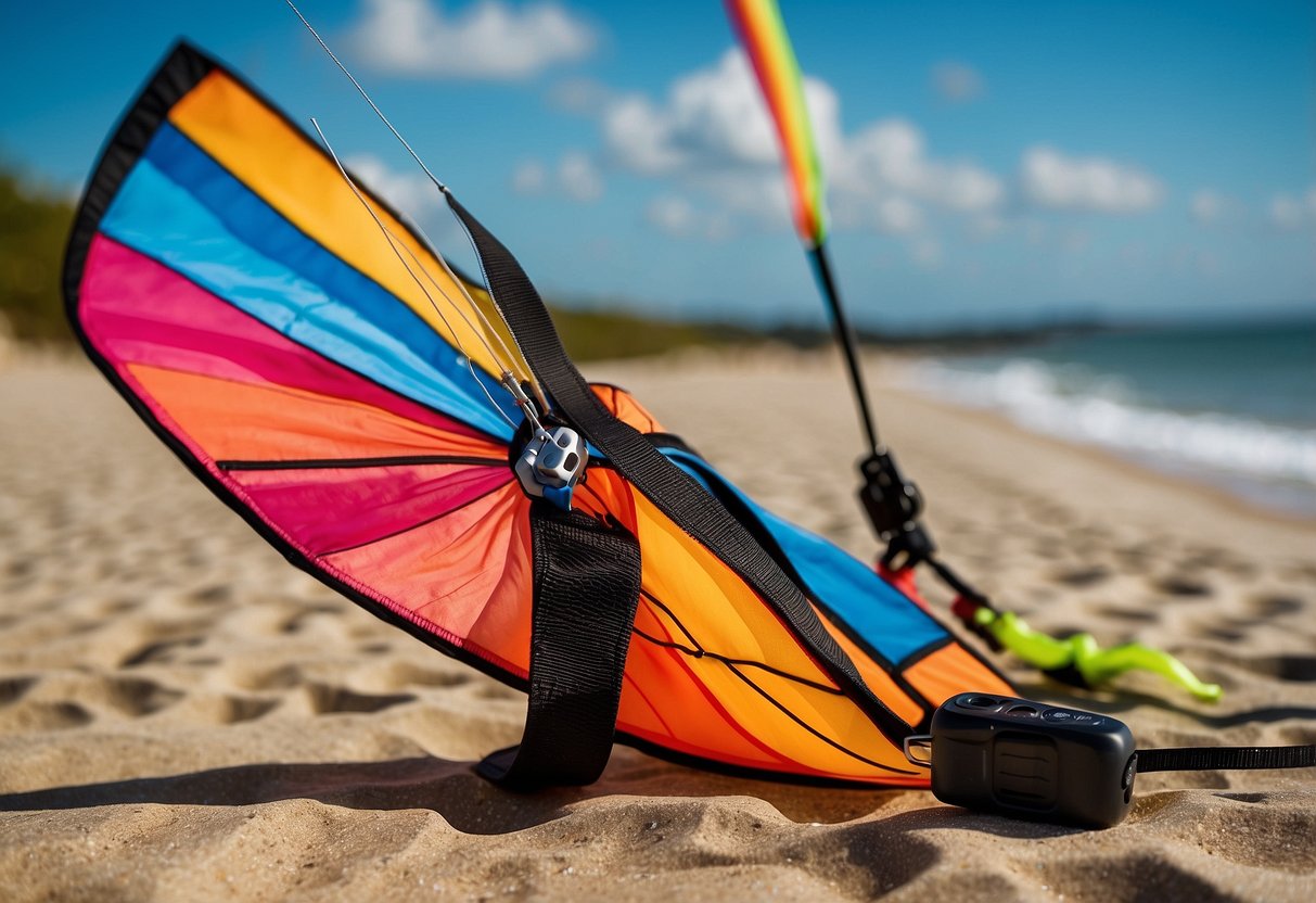A colorful kite, a sturdy reel, a windsock, a kite line, a kite bag, a kite stake, a safety knife, a wind meter, a harness, and a kiteboard