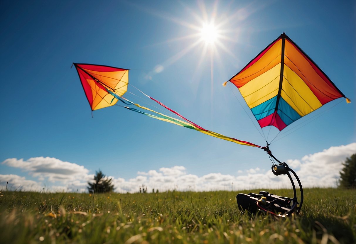A colorful kite flying high in the sky, attached to a sturdy power trainer, with essential gear items scattered around the base