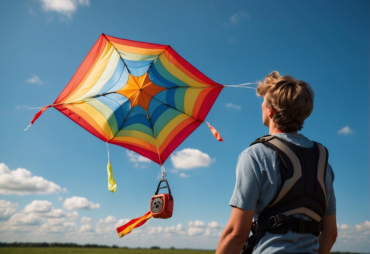 A clear blue sky with a gentle breeze, a colorful kite flying high, a sturdy kite reel, a comfortable harness, and a safety whistle