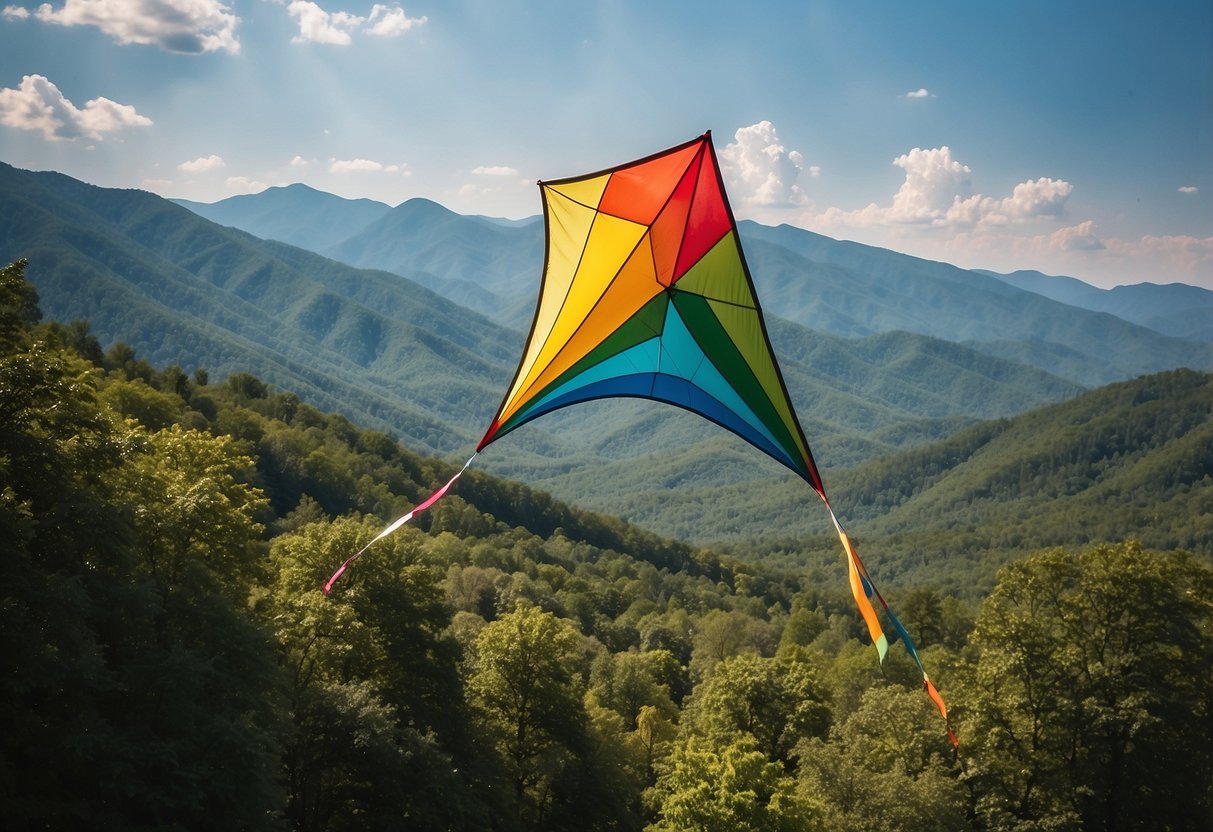 A colorful kite soars over the Great Smoky Mountains, with lush green trees and a clear blue sky in the background