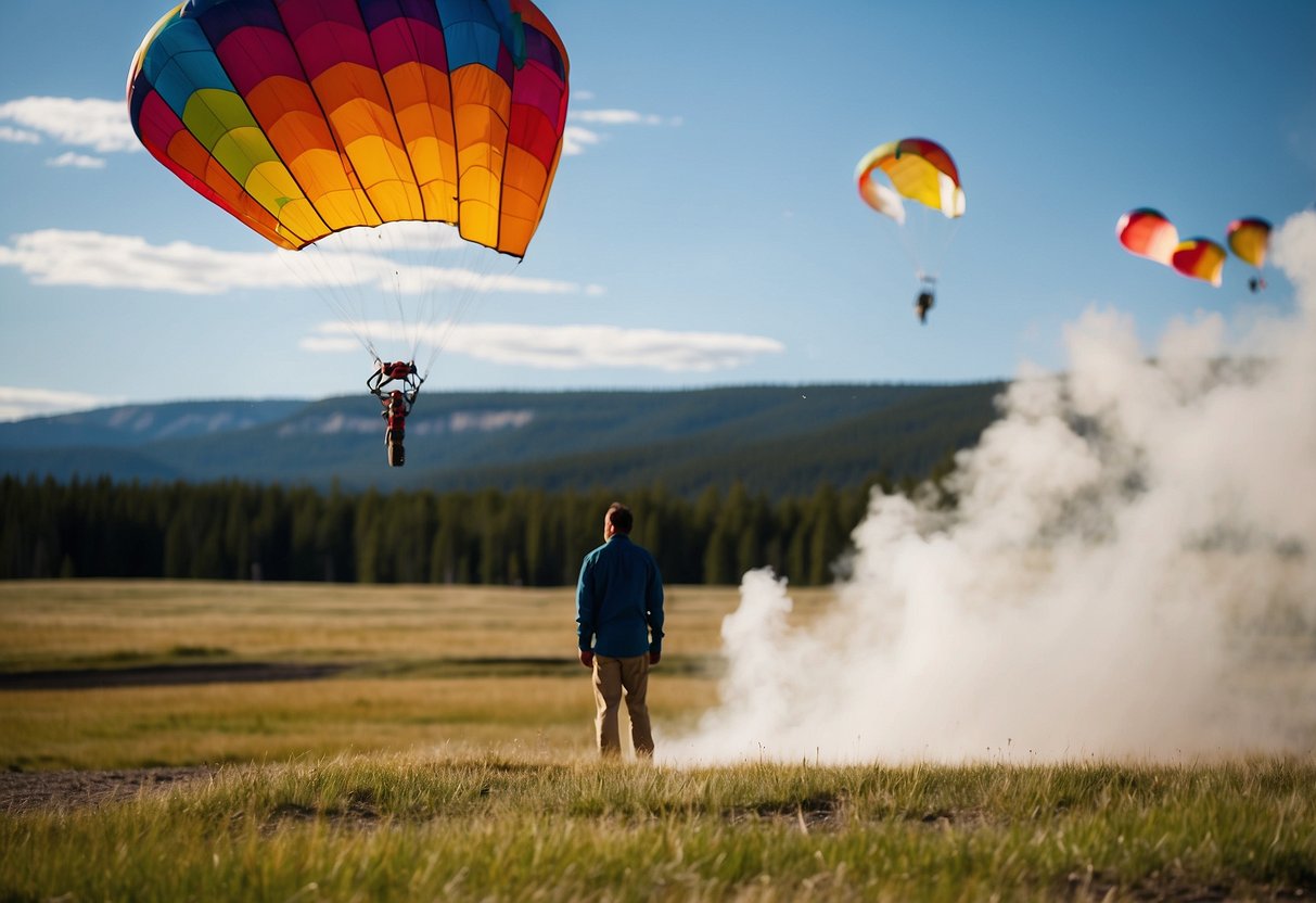 Old Faithful erupts in the distance as colorful kites soar above the grassy fields of Yellowstone National Park