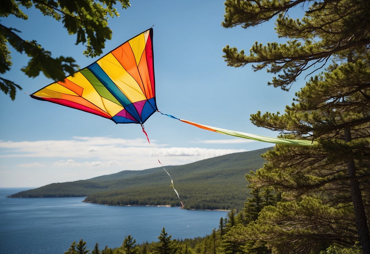 A colorful kite soars above Acadia Mountain in Acadia National Park, against a backdrop of lush greenery and a clear blue sky