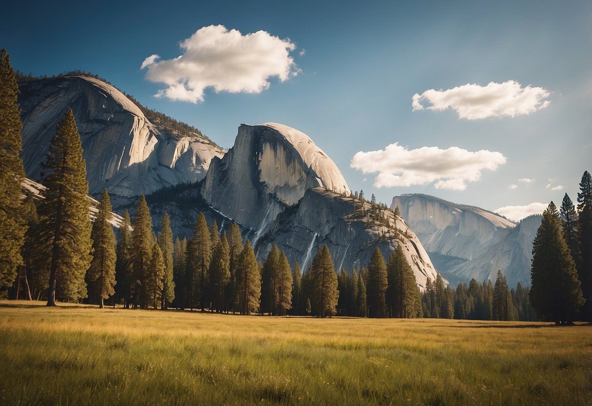 A vibrant meadow at Half Dome, Yosemite. Kites soar against a backdrop of towering cliffs and lush greenery in this national park