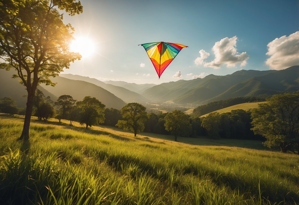 A colorful kite soars high above a lush green field in a national park, with trees and mountains in the distance. The sun is shining and the sky is clear, creating the perfect backdrop for a fun and peaceful kite flying experience