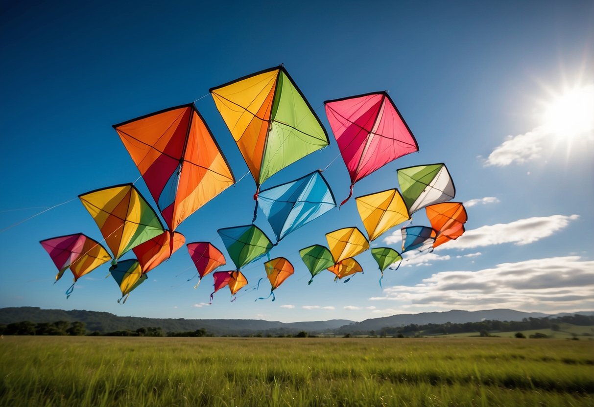 Bright kites soar over lush green fields in a national park. Signs display safety precautions for kite flying. Seven ideal spots are marked for kite enthusiasts