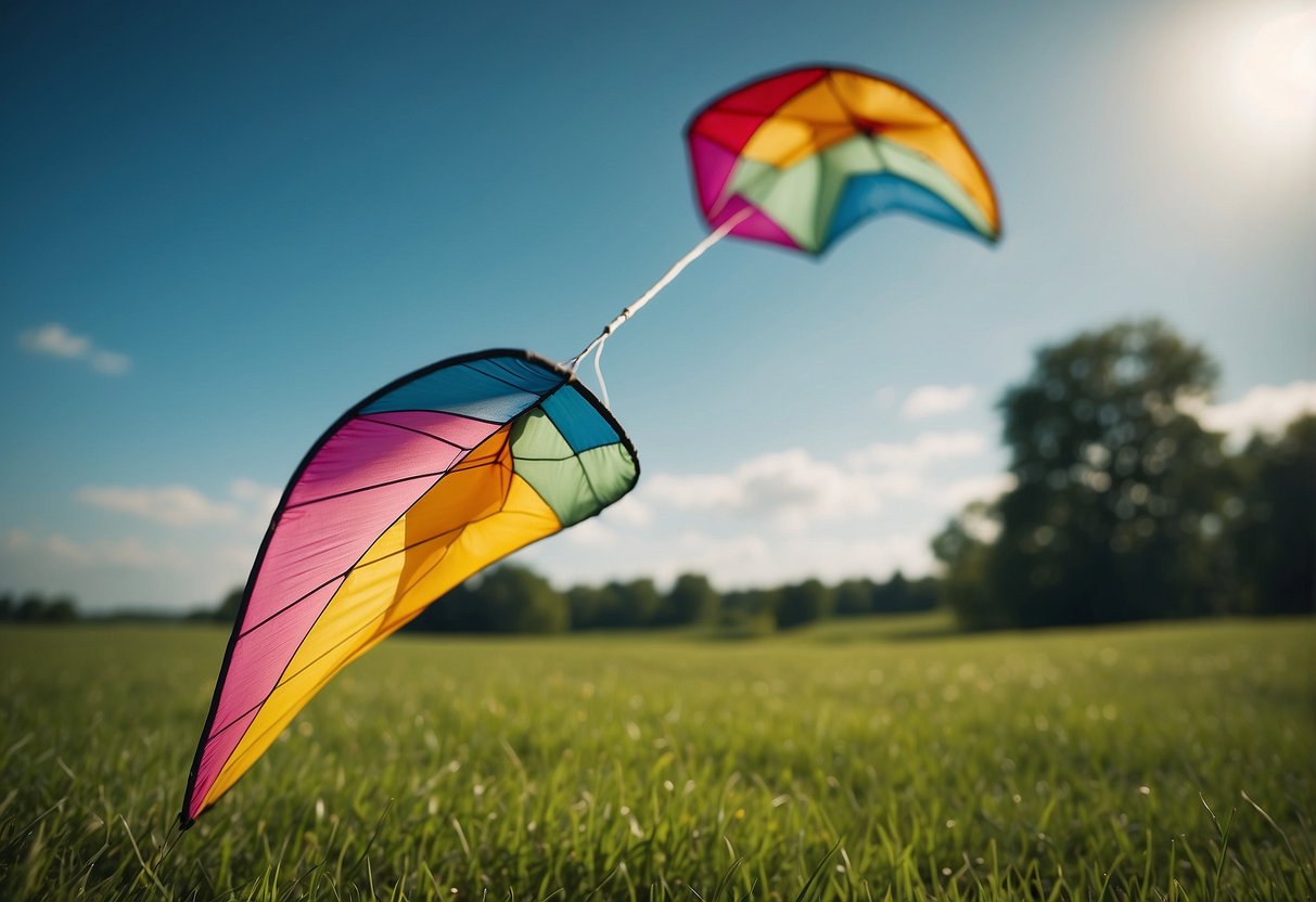 A colorful kite soaring high in the sky, maneuvering gracefully with the wind. A person adjusting the string, focusing on direction and speed. Blue sky and green grass in the background