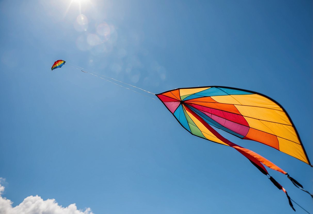 A colorful, sturdy kite soars high in the clear, blue sky, maneuvering gracefully with the wind. Its long tail trails behind, adding to the spectacle