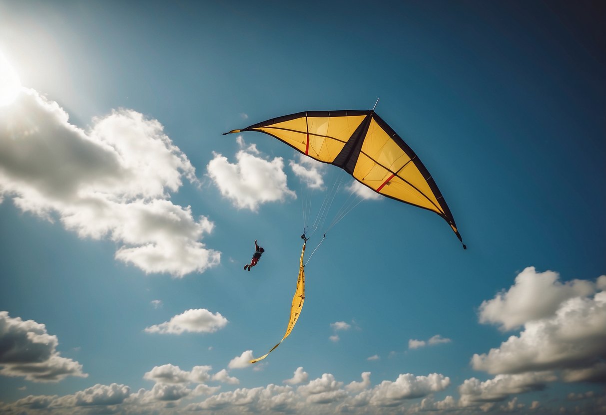 A kite soaring high in the sky, maneuvering with precision and grace. The wind propelling it forward as the master demonstrates launching techniques