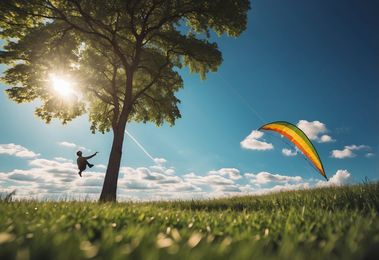 Bright blue sky, green grassy field, kite soaring high, person adjusting strings, trees in background