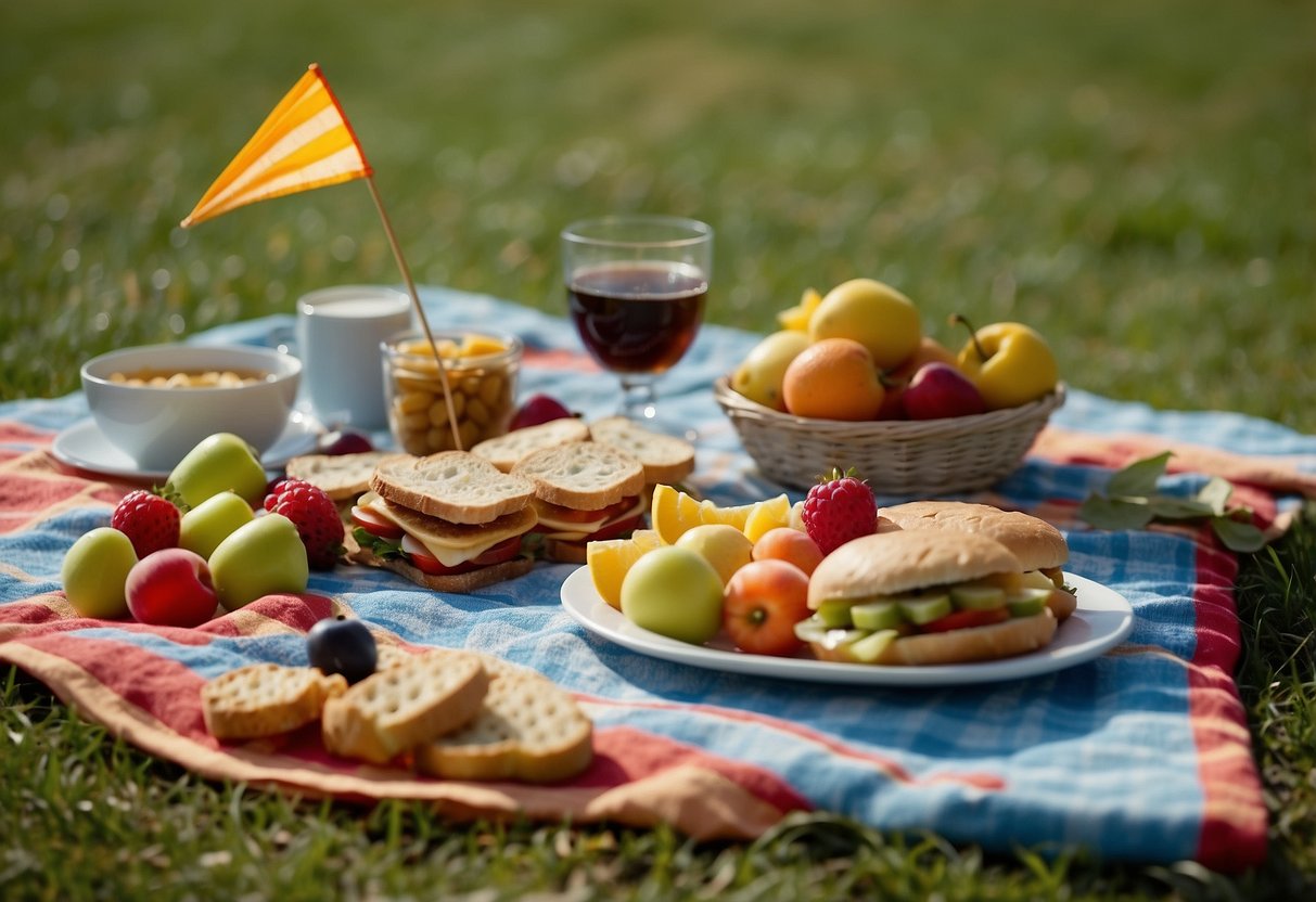 A picnic blanket spread out on a grassy hill, with a colorful kite flying high in the sky. On the blanket, an assortment of delicious snacks like fruit, sandwiches, and cookies are laid out for a kite flying trip