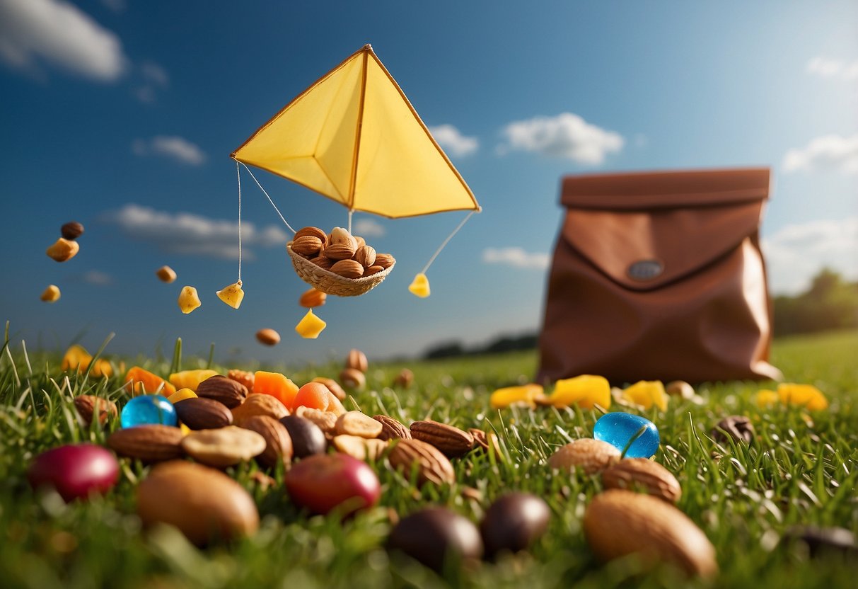 A colorful assortment of nuts, seeds, dried fruits, and chocolate chips spilled out of a vibrant bag onto a grassy field, with a colorful kite soaring in the sky above