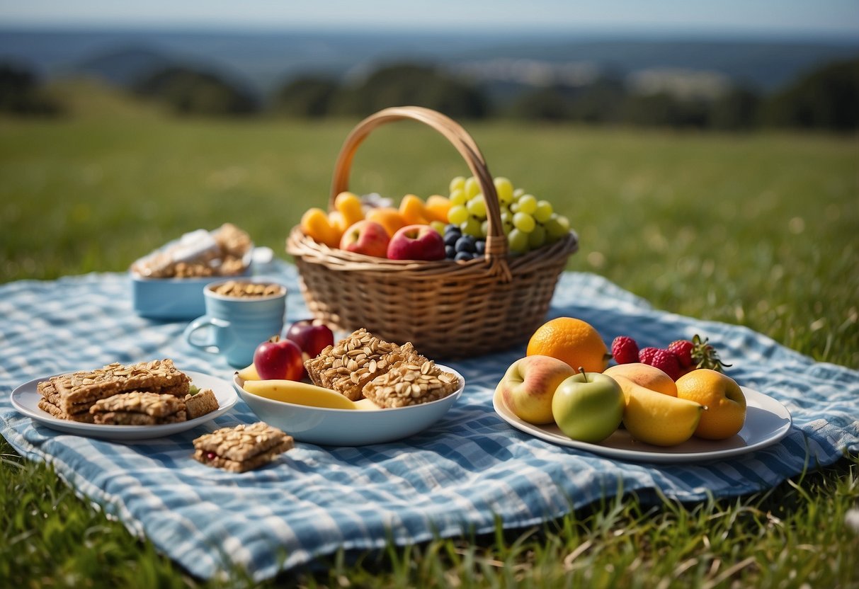 A picnic blanket spread on green grass with a colorful kite flying in the blue sky. A basket filled with granola bars, fruits, and snacks sits nearby