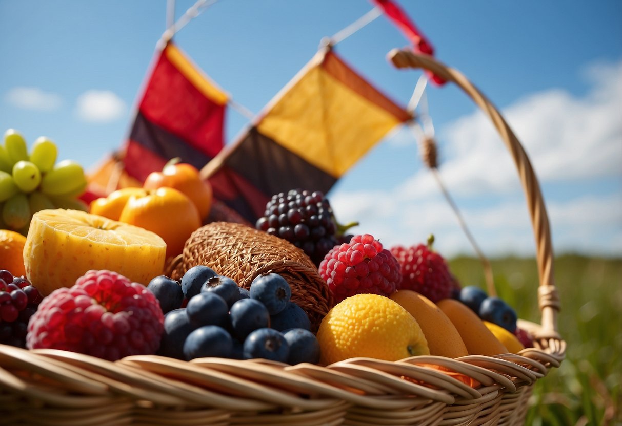 A colorful assortment of fruit leather snacks arranged in a wicker basket with a kite and blue sky in the background