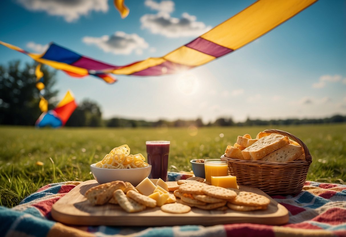 A picnic blanket with a variety of snacks spread out, including cheese sticks, surrounded by colorful kites flying in the sky