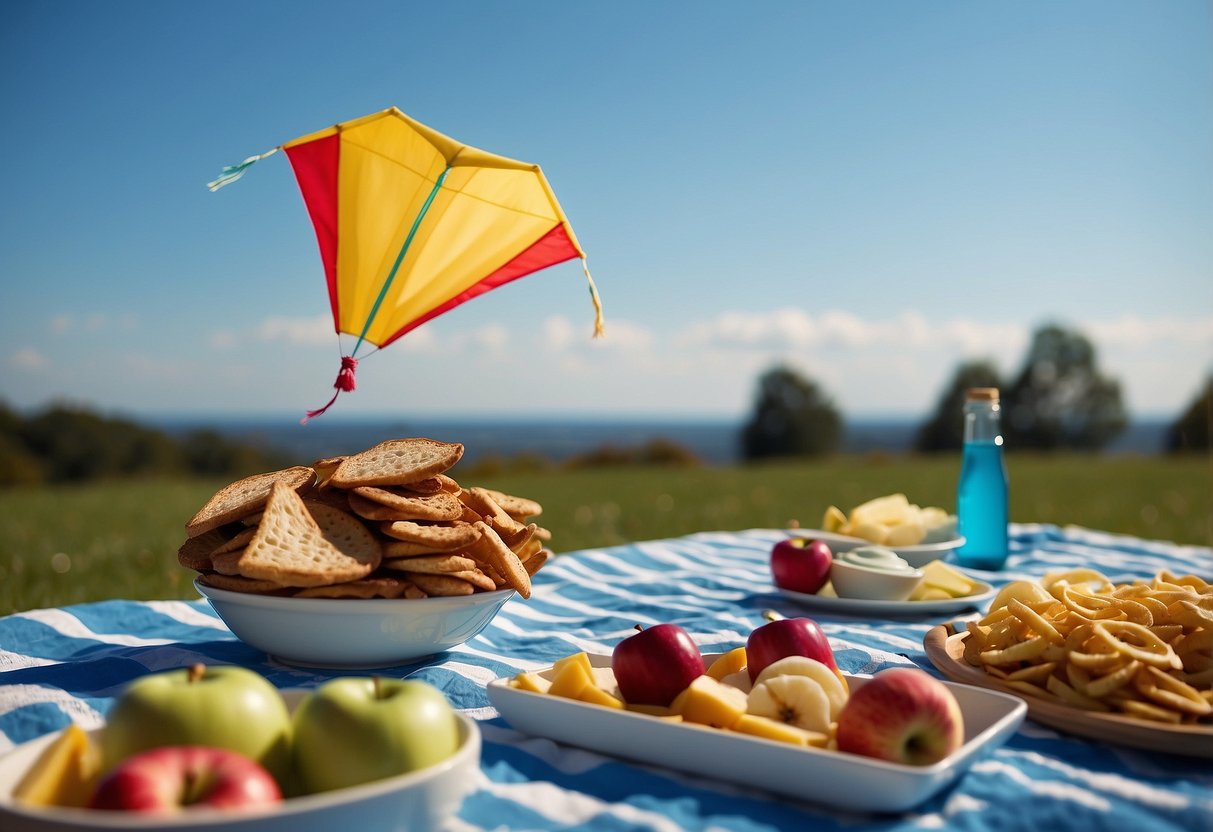 A colorful kite soars high in a clear blue sky, while a picnic blanket is spread out with a variety of delicious apple slices and snacks neatly arranged on it