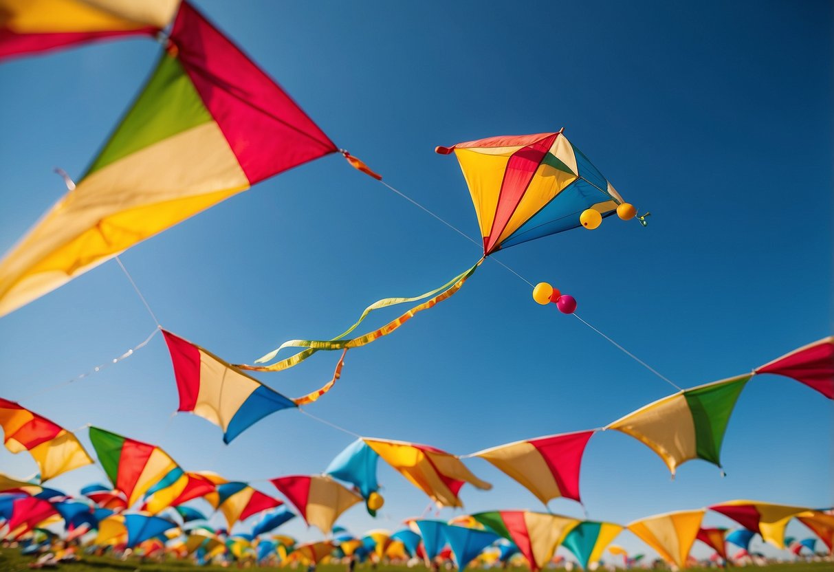 A colorful kite soaring in the bright blue sky, with a picnic blanket spread out below, surrounded by open packets of peanut butter snacks