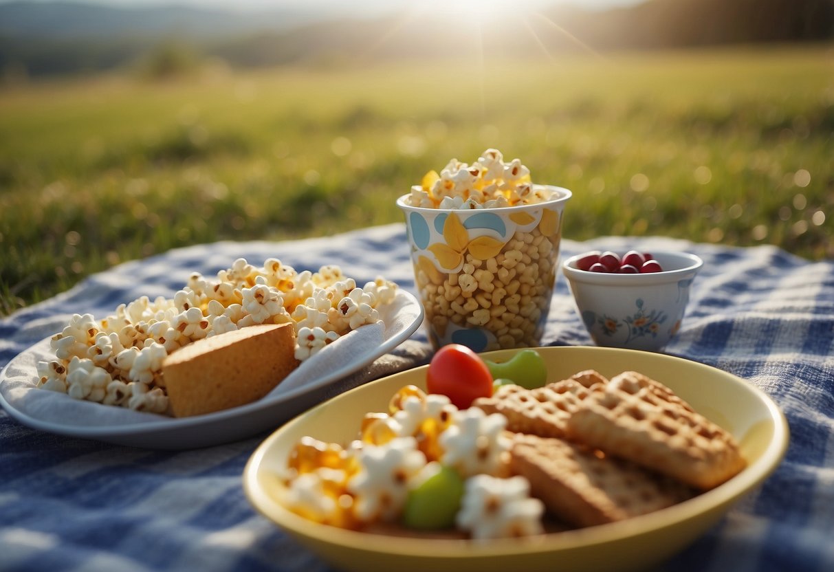 A colorful kite soars high in the sky, while a picnic blanket is spread out on the grass with a variety of snacks laid out, including a bowl of freshly popped popcorn