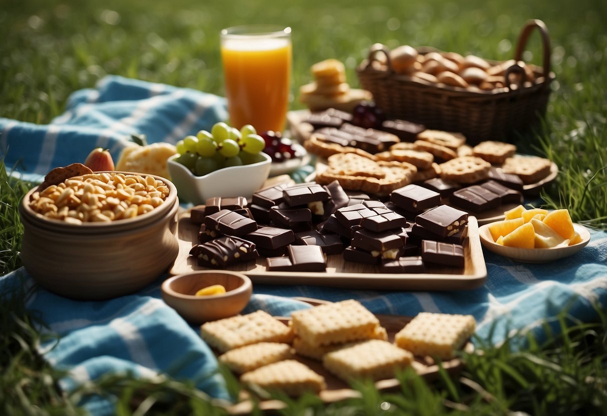 A picnic blanket spread out on green grass with a variety of snacks laid out, including dark chocolate squares, ready for a kite flying trip