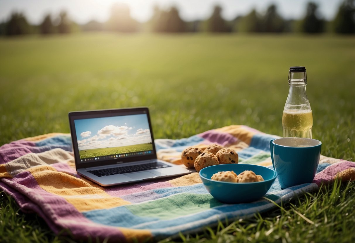 A picnic blanket spread out on green grass with a colorful kite flying high in the sky. A small container of protein balls sits next to a book and a refreshing drink