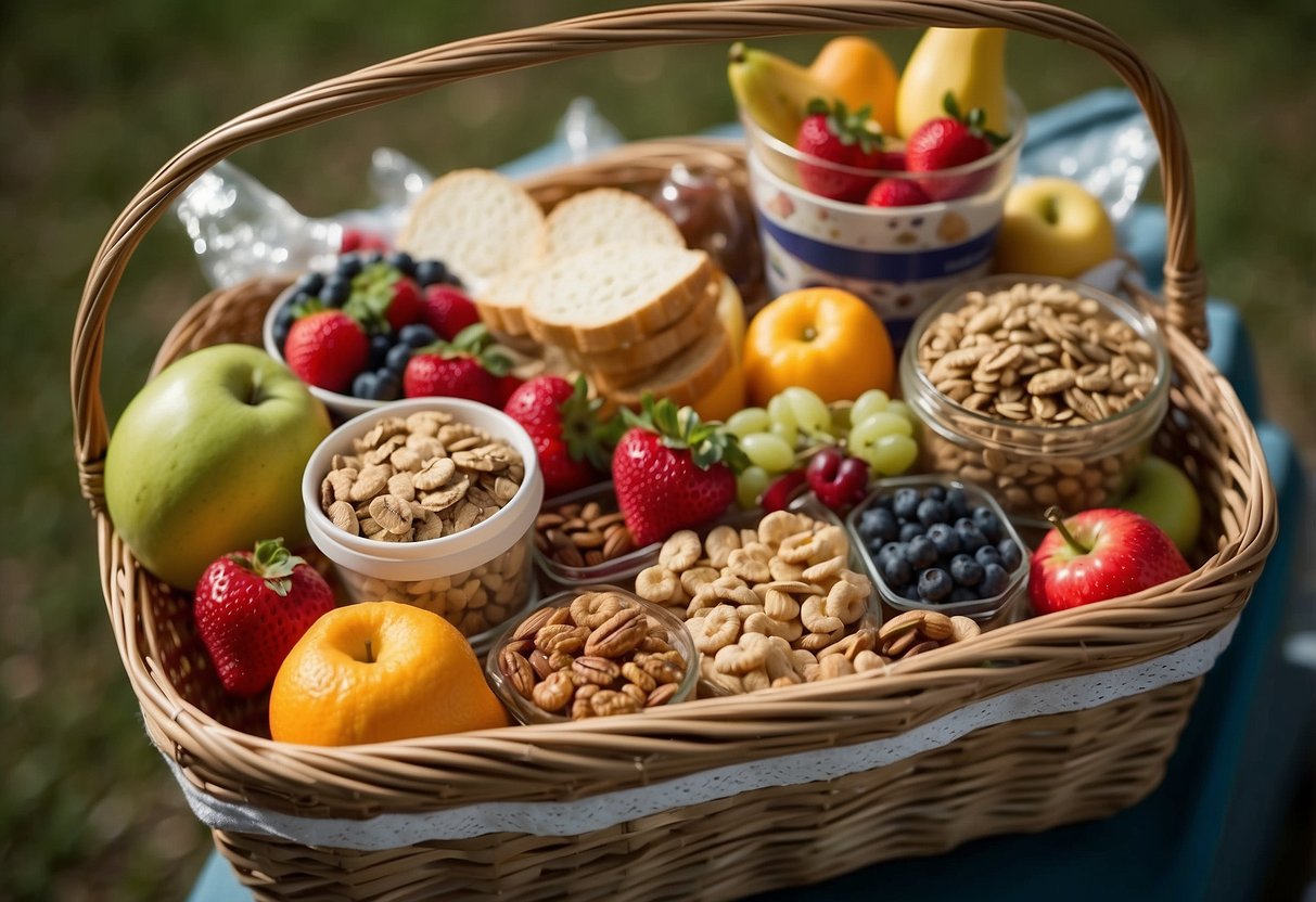 A picnic basket filled with a variety of snacks, such as fruits, nuts, and granola bars, neatly packed in resealable bags and airtight containers to ensure maximum freshness