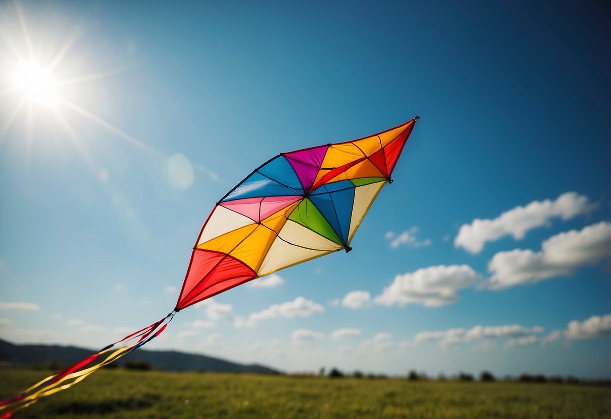 A colorful kite soars high in the clear blue sky, tethered securely to the ground. The surrounding area is free of obstacles, with ample open space for safe flying