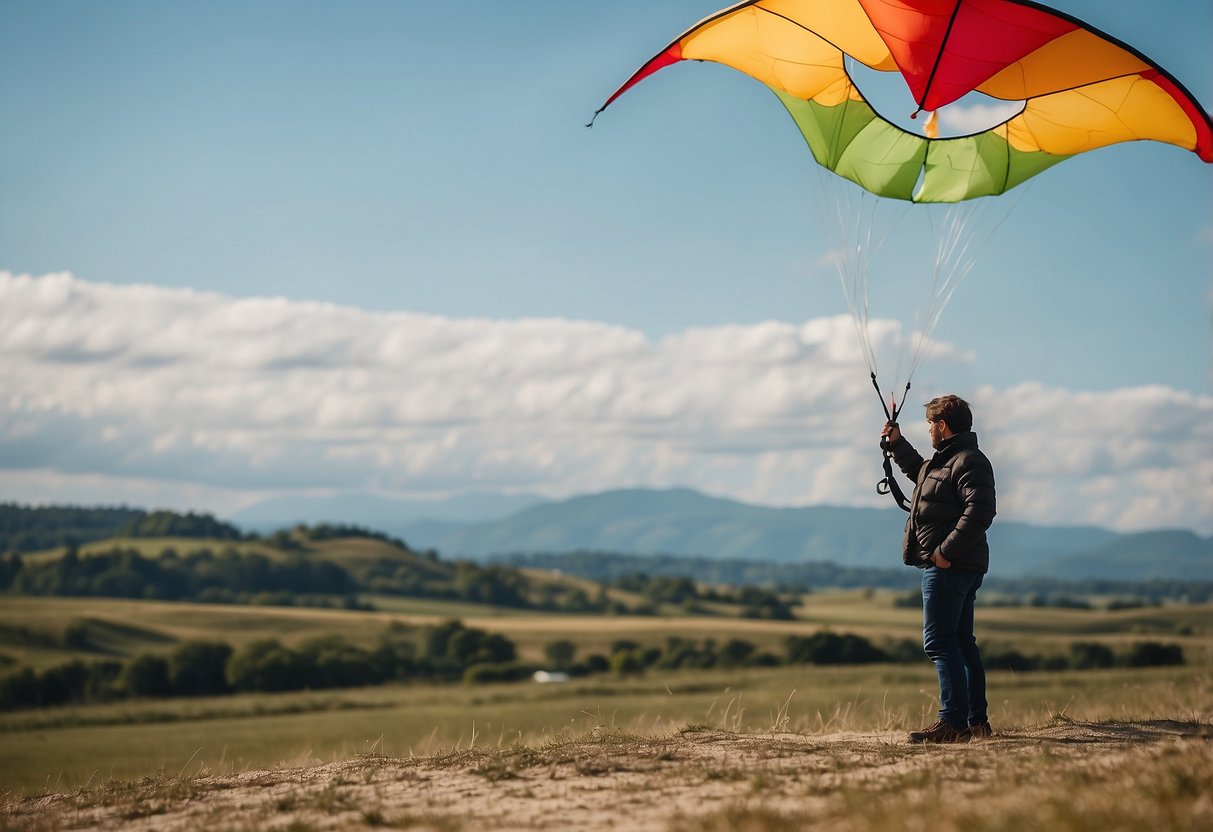 A kite is being flown solo, with the person checking wind conditions. Safety tips are listed nearby