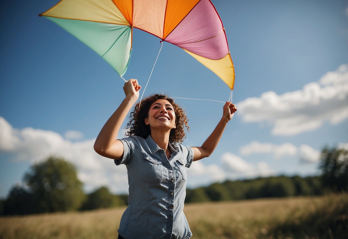 A person flying a single-line kite, holding the string with both hands, with clear blue skies and a gentle breeze