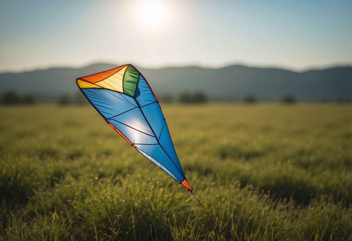 A kite flies peacefully in a wide open field, away from crowded areas. The sky is clear and the sun is shining, creating a perfect environment for safe solo kite flying