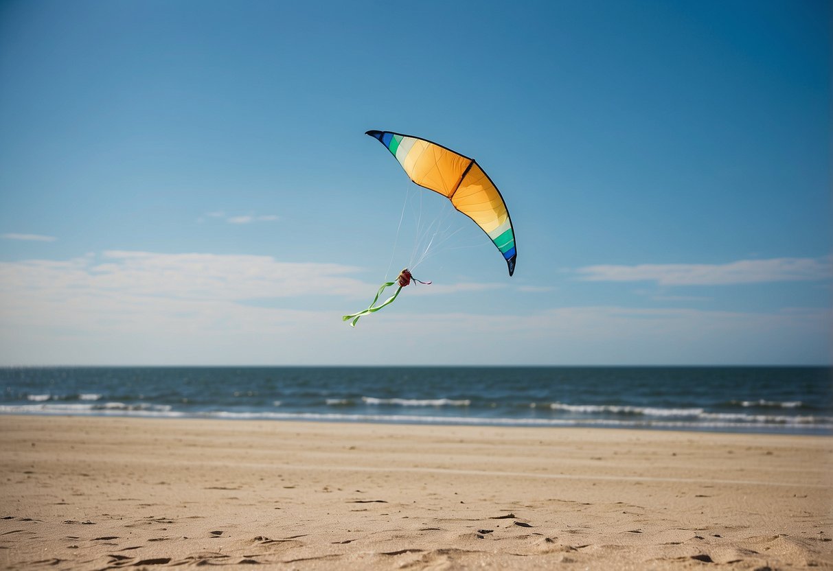 A lone kite flies high above a wide open beach, with a bright blue sky and gentle breeze. Nearby, a sign displays "8 Safety Tips for Solo Kite Flying."