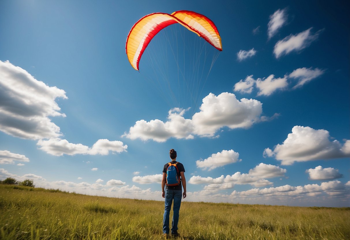 Clear blue sky, scattered clouds, kite flying solo, safety tips in background