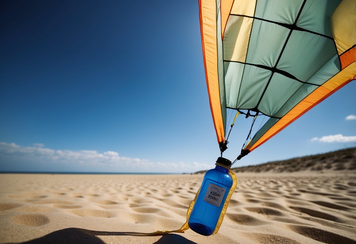 A kite flying solo in a clear blue sky, with a water bottle nearby and safety tips written in bold letters