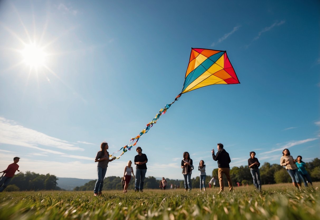 A colorful kite soars through a clear blue sky, tethered to a biodegradable string. Nearby, a group of people pick up litter from the ground and recycle it