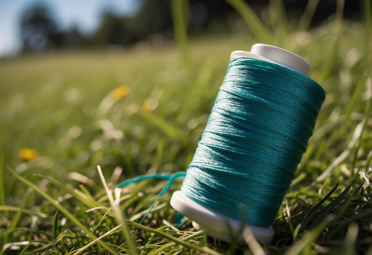 A biodegradable kite string is being carefully wound around a spool, with a clear blue sky and green grass in the background