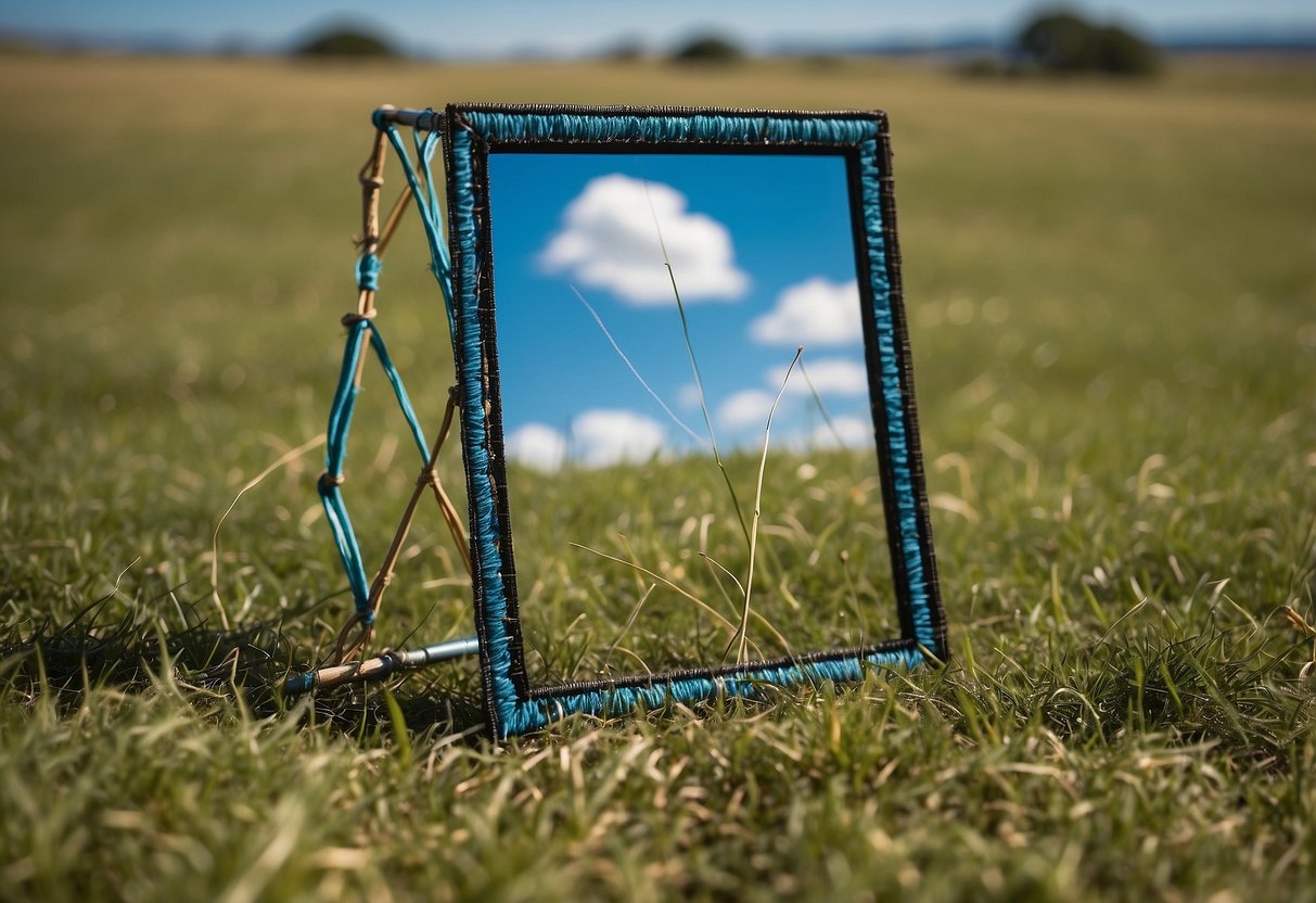 A recyclable kite frame lies on a grassy field, surrounded by biodegradable string, eco-friendly fabric, and reusable kite tails. The blue sky and gentle breeze set the stage for an environmentally conscious kite flying adventure