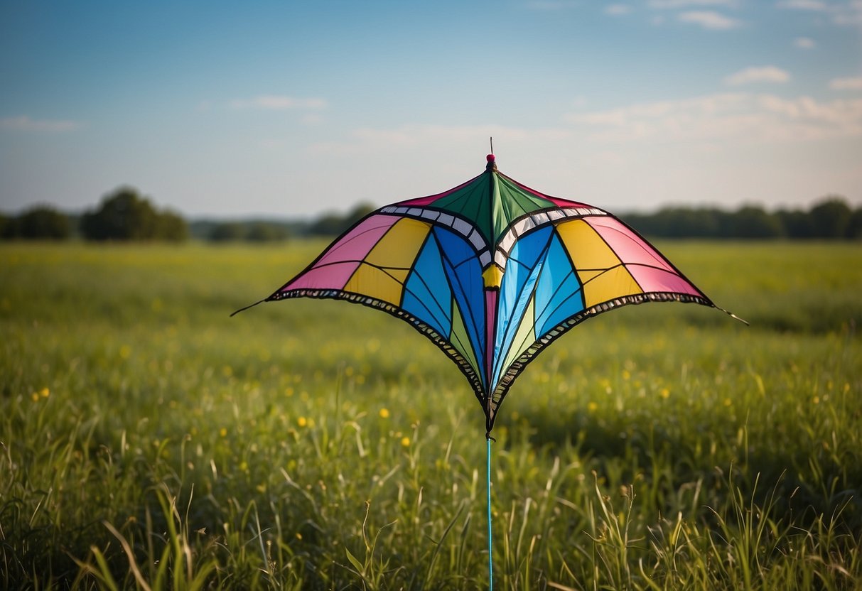 A colorful kite soars in a clear sky above a green field. A sign reads "Fly in Designated Areas Only." Nearby, a group practices eco-friendly kite flying techniques