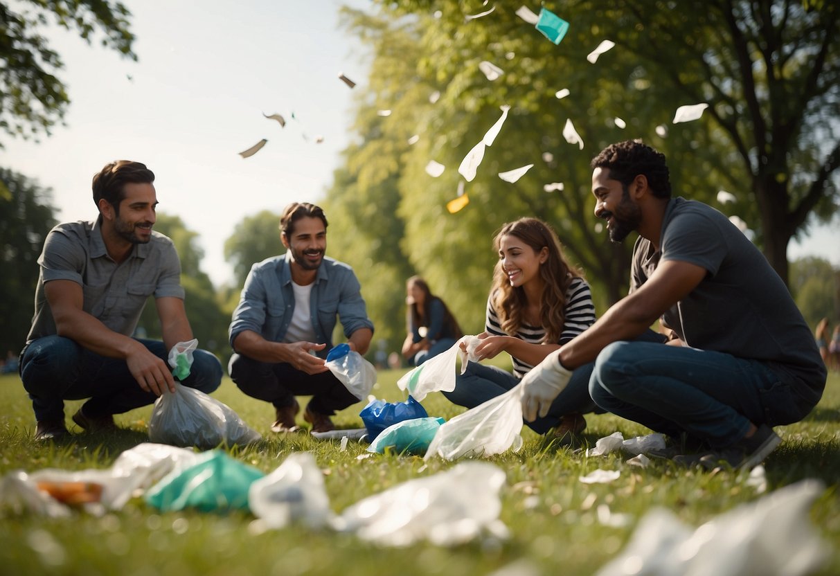 A group of people gather in a park, picking up litter and sorting recyclables. Kites soar in the sky, made from sustainable materials. Nearby, a composting station is set up for organic waste