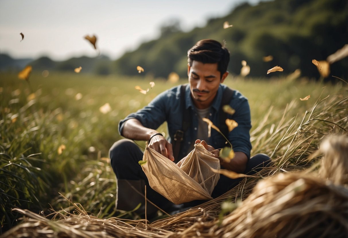 A person gathers biodegradable materials for a kite, such as recycled paper, bamboo, and natural dyes, in a sustainable and eco-friendly manner