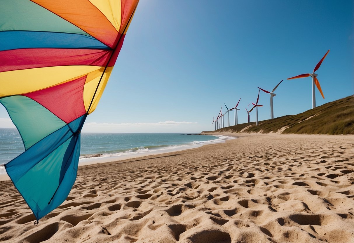 A serene beach with a clear blue sky, a colorful kite flying gracefully in the wind, surrounded by clean, litter-free surroundings. Wind turbines in the distance symbolize sustainable energy