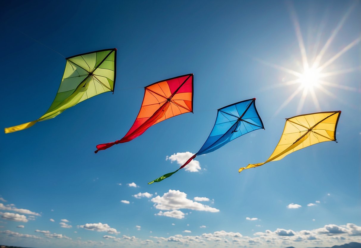 A group of kites flying in the clear blue sky, with banners promoting local and sustainable brands. Nearby, a recycling station and reusable water bottles