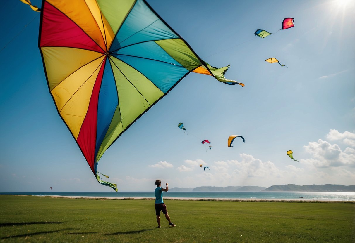 Vibrant kites soar above lush green fields and sandy beaches, against a clear blue sky. A gentle breeze carries the colorful kites as beginners practice their skills in the idyllic setting