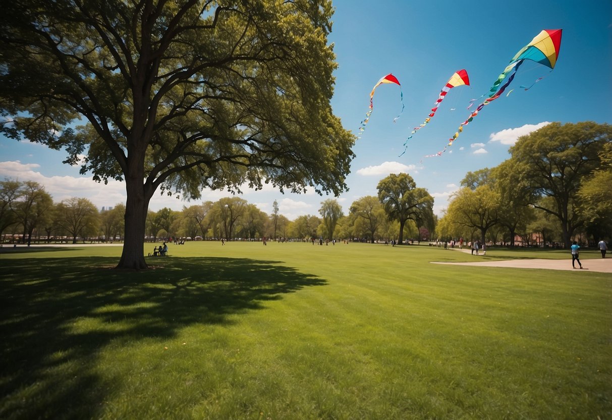 A vibrant park with green grass and blue skies. Colorful kites soar high above, creating a picturesque scene of joy and leisure