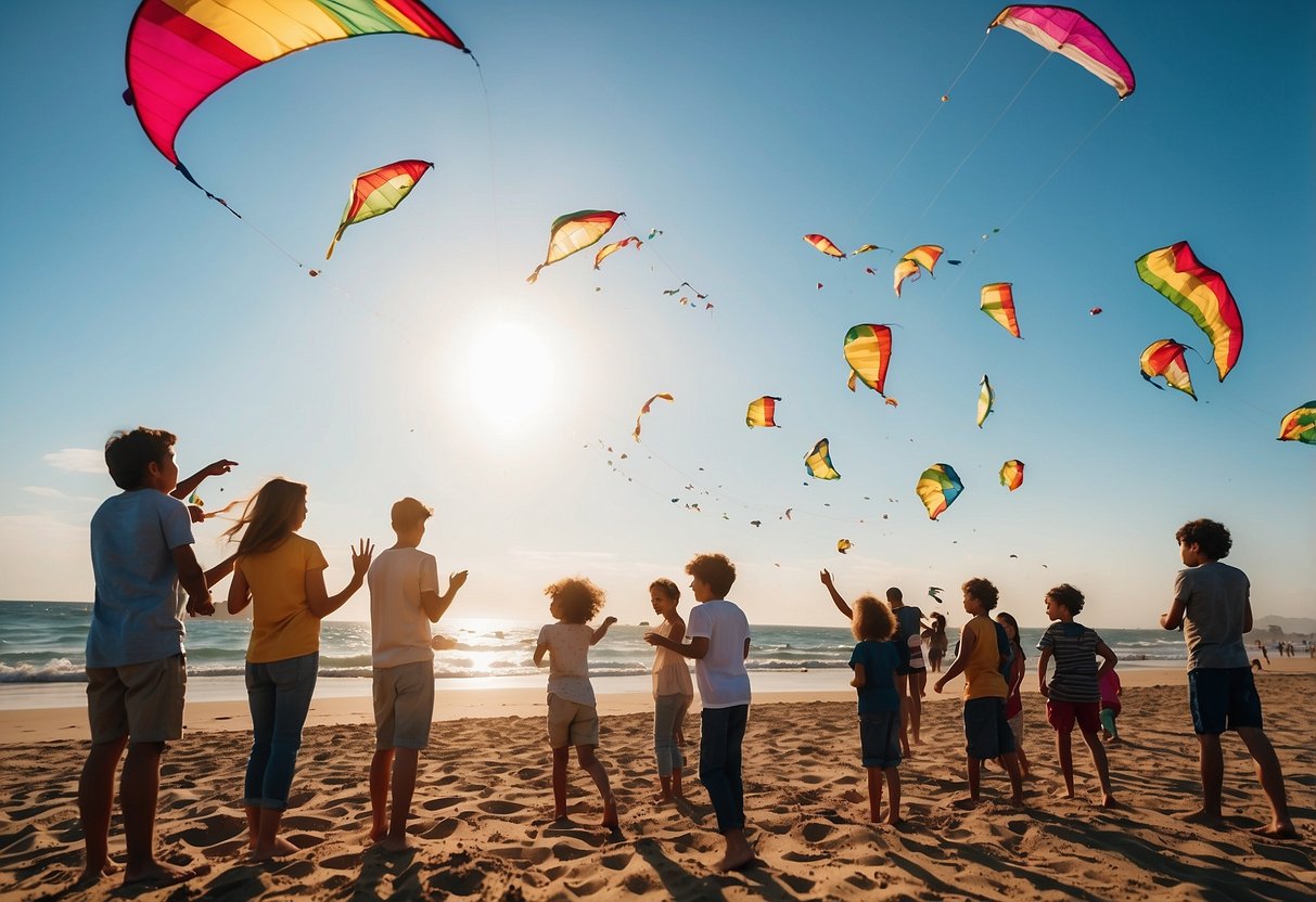 A sunny beach with colorful kites soaring against a clear blue sky, surrounded by excited beginners learning to fly kites