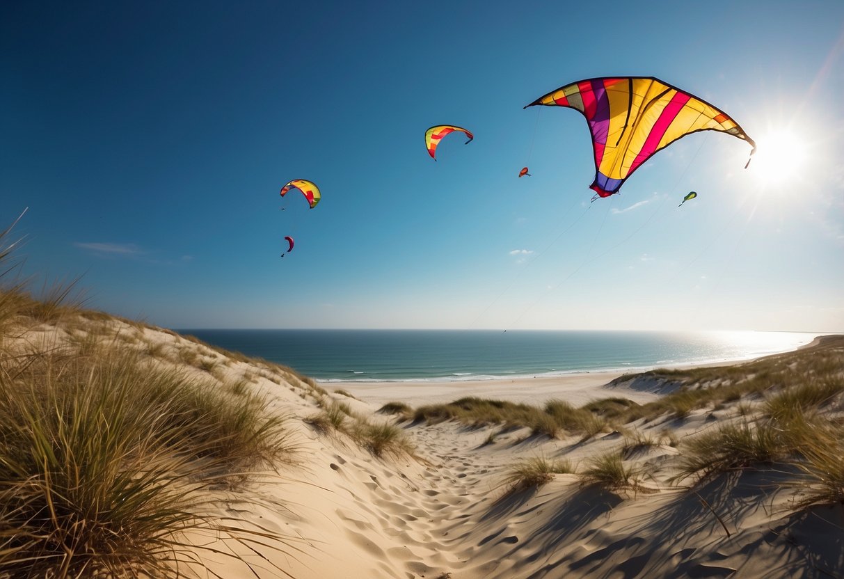 Vast sandy dunes with colorful kites soaring in the clear blue sky, surrounded by a serene coastal landscape