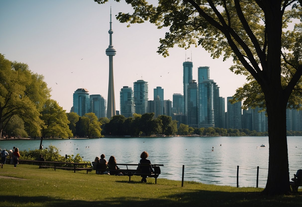 The Toronto Islands in Canada provide a picturesque setting for kite flying, with open green spaces and a clear view of the skyline