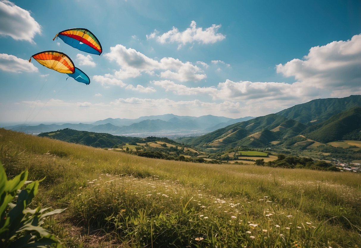 A sunny day in Gois, Japan, with colorful kites soaring in the clear blue sky above a wide open field, surrounded by lush greenery and mountains in the distance