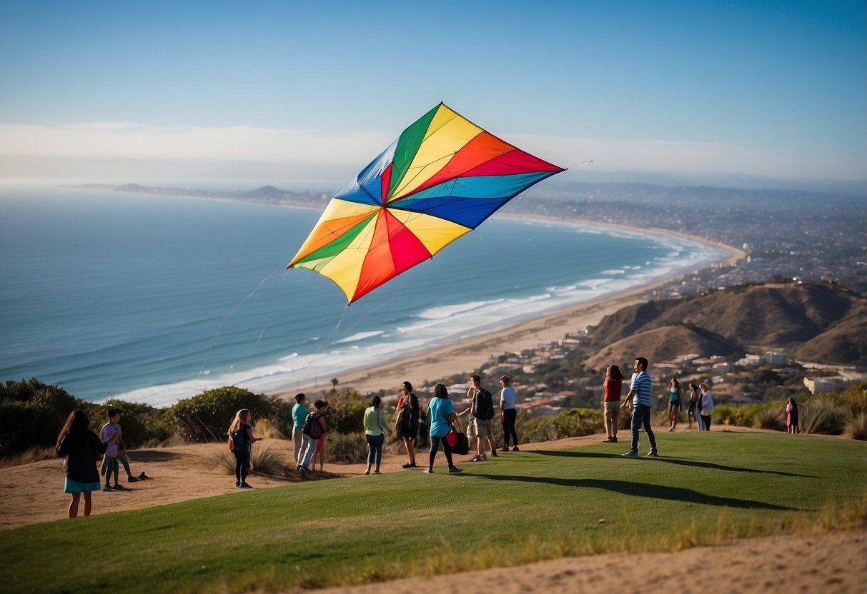 At Mount Soledad, colorful kites soar against the backdrop of a clear blue sky, as beginners learn to fly their kites with the gentle ocean breeze