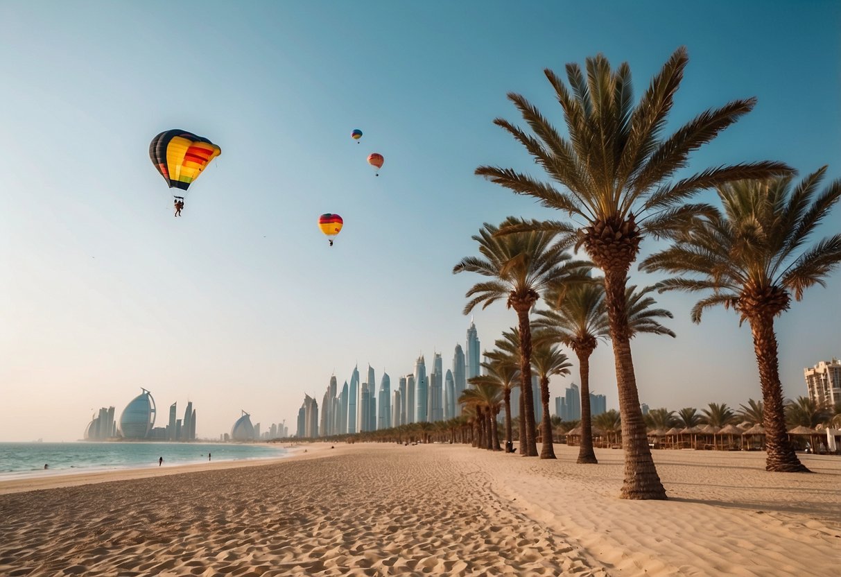 Palm Jumeirah, UAE: Clear blue skies, gentle breeze, kites soaring above sandy beach, with iconic palm tree-shaped island in background